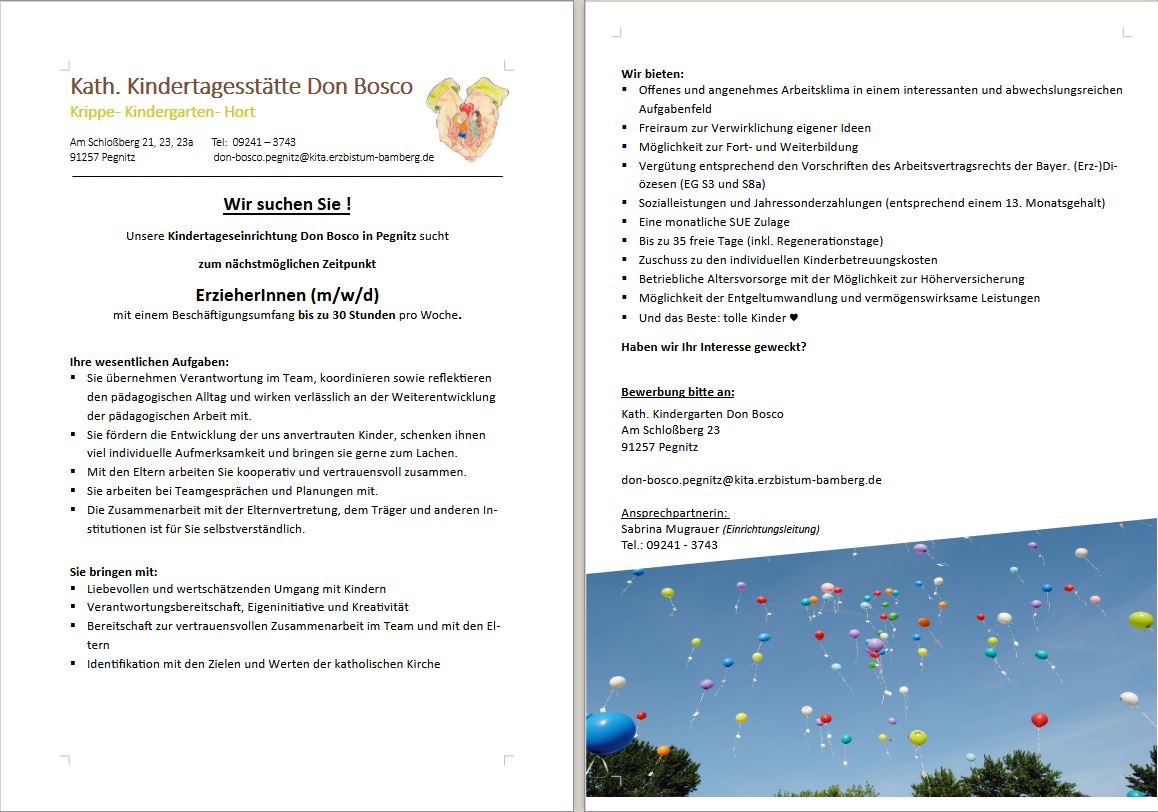 Stellenanzeige 30 h Erzieherin und Fachkraft 2025