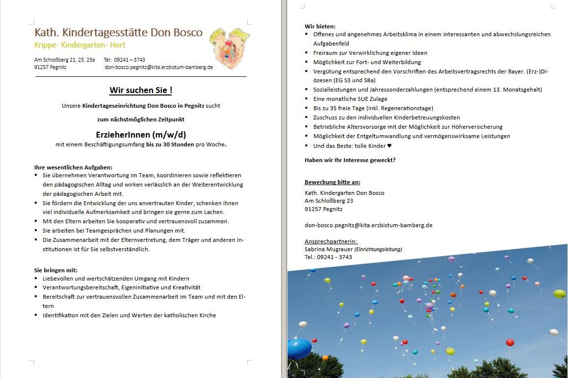 Stellenanzeige 30 h Erzieherin und Fachkraft 2025