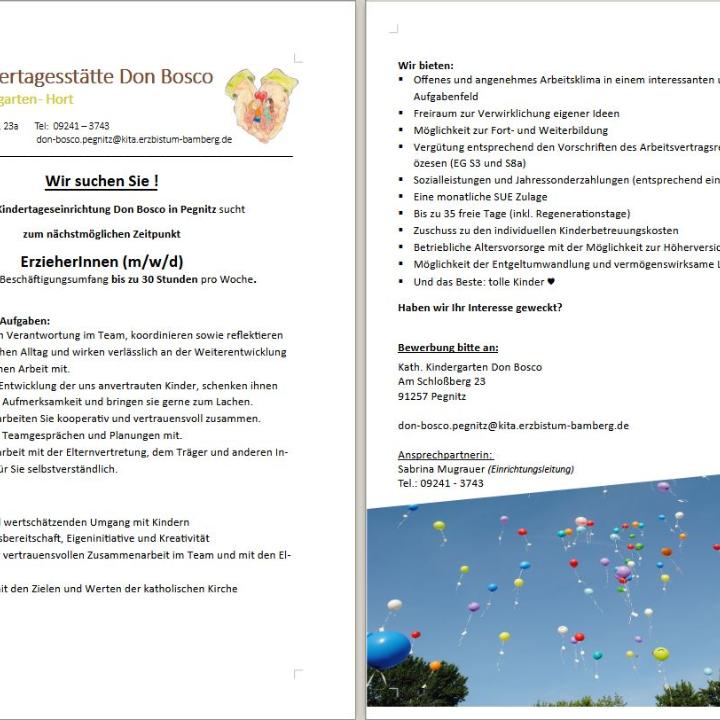 Stellenanzeige 30 h Erzieherin und Fachkraft 2025